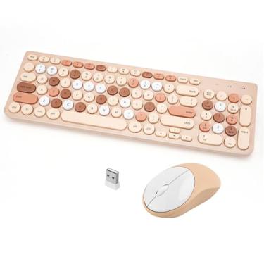 Imagem de Combo de teclado e mouse sem fio, teclado de máquina de escrever retrô com teclas redondas, USB de 2,4 GHz, lindo mouse sem fio para computador, desktop, laptop (chá leite)
