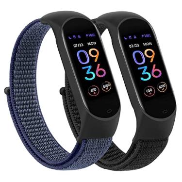 Imagem de Wanme: Pulseiras de nylon esportivas masculinas e femininas, pacote com 2 pulseiras compatíveis com Amazfit Band 5, preto + azul escuro, 104 mm - 170 mm