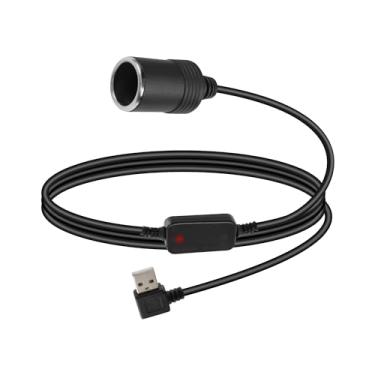 Imagem de RIIEYOCA Cabo conversor USB A macho para acendedor de cigarro, 5 V a 12 V, ângulo reto de 90 graus, adaptador USB A para isqueiro fêmea para câmera de painel, detector de radar, GPS, gravador de