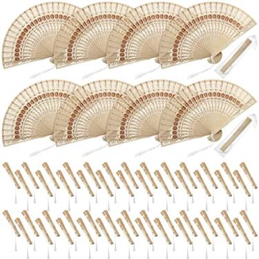 Imagem de 50 peças de leques dobráveis para fãs de sândalo com borlas e sacos de presente, estampa de girassol, ventilador dobrável de madeira, leques dobráveis à mão para lembrancinhas de casamento, artigos de festa de aniversário