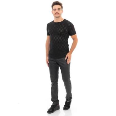 Imagem de Camiseta Long Line Camisa Masculina Malha Bordada - Execução Jeans, P,