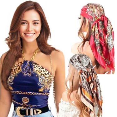 Imagem de Kit 3 Lenço Cetim Grande Estampas Sortidas - Camponesa Bandana Cabelo 