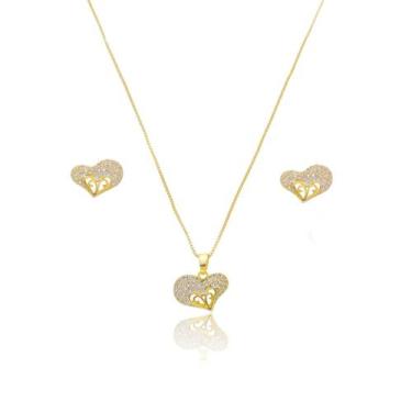 Imagem de Conjunto Kit Colar e Brinco Feminino Banho Ouro 18k Coração - Enzara J