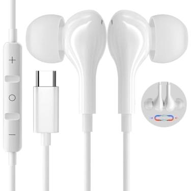 Imagem de Fone de ouvido USB C para Samsung S23 FE S22 S21 S20 A53 A54 Fones de ouvido magnéticos intra-auriculares tipo C com microfone, controle de volume, graves estéreo, cancelamento de ruído, branco