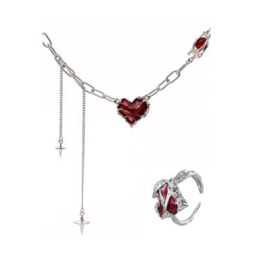 Imagem de IXDEAXLY Punk Red Heart Spider Y2k Star Necklace Ring Trendy Collar Chain Necklace Ring for Women Men Teen Fashion Jewelry, Zinco, Sem Pedra Preciosa