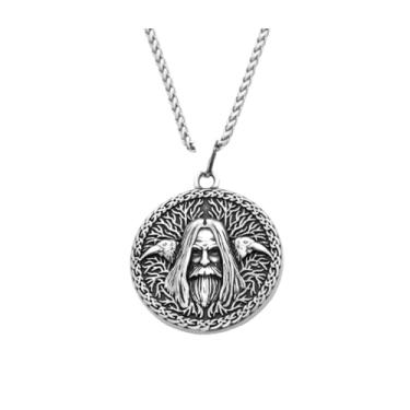 Imagem de Colar Viking com Pingente Odin e Corvos, Amuleto Celta em Aço Inoxidável, Corrente Prata