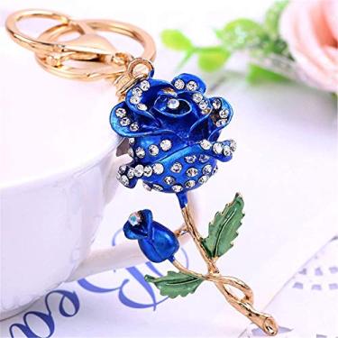 Imagem de Chaveiro de rosas com flores brilhantes e cristal com strass para bolsa, pingente, bolsa de mão (azul)