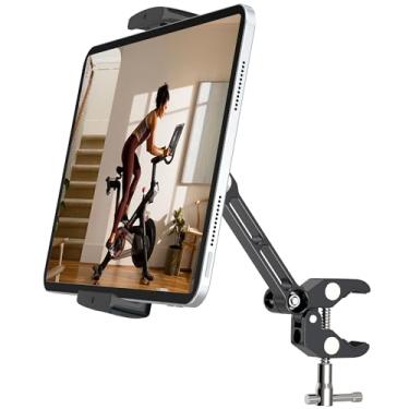 Imagem de Suporte de tablet para bicicleta giratória, braçadeira de alumínio para tablet para esteira de bicicleta estacionária, carrinho de bebê, bicicleta interna Peloton Elliptical, compatível com tablet