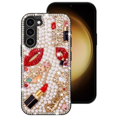 Imagem de Erolagomat Capa brilhante para Samsung Galaxy S23 Plus, capa de telefone de designer de luxo com glitter brilhante diamante cristal strass lábios batom flores pérolas salto alto, capa amortecedora