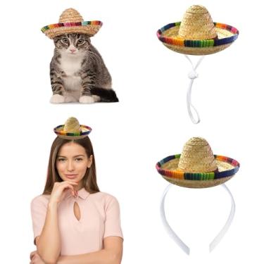 Imagem de AWOCAN 2 peças Cinco de Mayo chapéu sombrero mexicano faixa de cabeça chapéu sombrero gato chapéu de animal de estimação festa mexicana conjunto de boné de palha decoração (cor A)