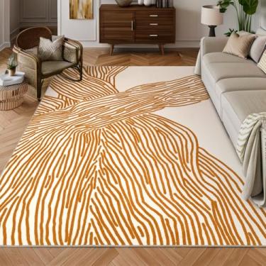 Imagem de YIHOUSE Tapete laranja para sala de estar, tapete abstrato moderno 8 × 10, tapetes geométricos contemporâneos listrados ondulados para berçário de sala de jogos, tapete grande lavável antiderrapante
