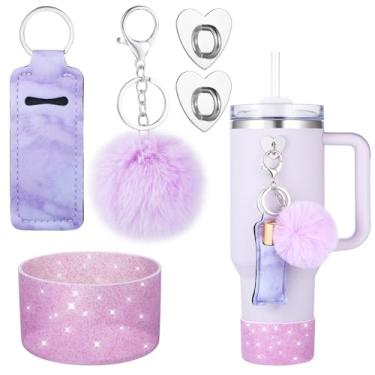 Imagem de FXTBE Bota de silicone para Stanley Cup 1,134 g, botas com glitter para Stanley Quencher 30 567 g, capa inferior para Hydroflask 1,134 a 340 g, chaveiro pompom, suporte de batom para acessórios