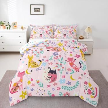 Imagem de Feelyou Conjunto de edredom infantil casal com estampa de gatos, para meninos, adolescentes, desenho animado, gato, gato, presente botânico, floral, 3 peças