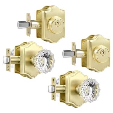Imagem de Leydebong Conjunto de 2 maçanetas de porta de vidro de cristal dourado e fechadura - com chave semelhante, maçaneta de porta de entrada resistente e combo de fechadura de cilindro único para portas de
