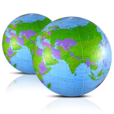 Imagem de Pacote com 2 bolas infláveis de praia globo mundial infláveis de 40,6 cm para brincar ou ensinar na praia, bolsas de festa, festa na piscina de verão, material de PVC