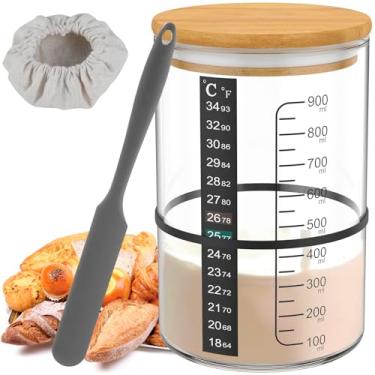 Imagem de Tzdxfgl Kit De Pote Para Fermento Natural, Vidro Natural - 30,4 Oz, Livre Bpa, Lavável Na Máquina Lavar Louças, Com Boca Larga E Termômetro, Faixa Alimentação Data Marcada, Tampa Madeira Tecido, Sup