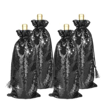 Imagem de PartyDelight Pacote com 4 sacolas de presente de vinho com lantejoulas pretas, brilhantes e reutilizáveis para viagens, casamento, aniversário, inauguração de casa e jantar.