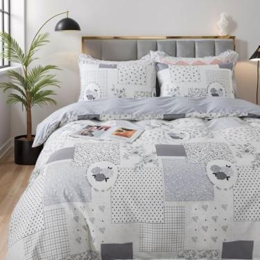 Imagem de Lemfux Capa de edredom de algodão 3 peças, estampa floral, tema moderno, capa de edredom solteiro com 2 fronhas, estilo geométrico, estética, branca, macia, conjunto de capa de edredom com zíperes de