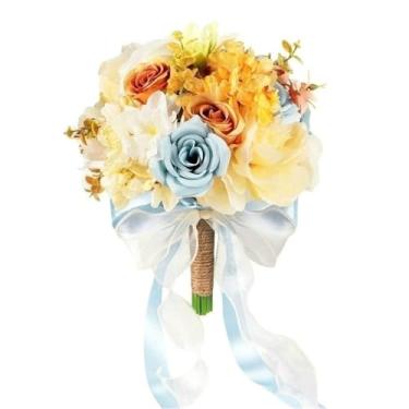 Imagem de Youshe Buquês de flores de seda para noiva, dama de honra, com fita, ramo de rosas artificiais para primavera, verão, cerimônia de casamento, festa, aniversário, igreja, decoração de casa (champanhe)