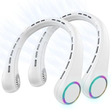 Imagem de Pacote com 2 ventiladores de pescoço portáteis, design sem lâminas, 3 velocidades e 64 luzes frias, ventilador pessoal recarregável de 4000 mAh para resfriamento de verão, ideal para uso ao ar livre