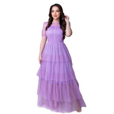 Imagem de Vestido Longo De Tule Com Brilho Feminino Manga Curta Elegante Para Fe