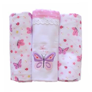 Imagem de Cueiro Manta Bebê Kit c/03 Unidades 80cm x 80cm Algodão Flanelado Menina Borboletas