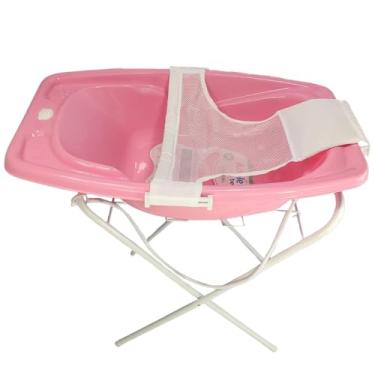 Imagem de BANHEIRA PARA BEBÊ 25 LITROS COM VÁLVULA SUPORTE E REDE ROSA AZUL BRANCA (Rosa + Suporte Branco)
