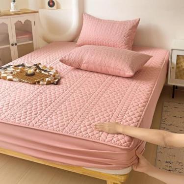 Imagem de Protetor de colchão acolchoado respirável com bolso profundo, capa de cama antiderrapante, capa de colchão impermeável espessa, lavável, à prova de poeira, acessório de cama rosa ||solteiro: 89 x 200