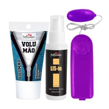 Imagem de Kit SexShop Massageador Vibrador Bullet + Gel Lis In Gold e Volumão Hot Flowers