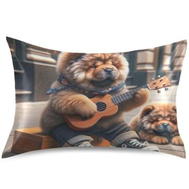 Imagem de Puppy Ukulele Chow Chow Fronha de Cetim para Cachorro Padrão Queen King Fronha de Travesseiro Estampa Bonita Capas de Cama Confortáveis Presentes de Cama King Size, 101,6 cm x 50,8 cm