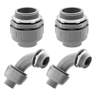 Imagem de Feotech Pacote com 4 conectores rígidos de líquido de 2,5 cm - Conexões de conduíte elétrico de PVC, reto, conectores flexíveis não metálicos de 90 e 180 graus para casa, banheiro e cozinha, cinza
