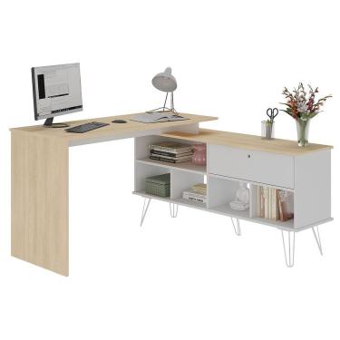 Imagem de Mesa Escrivaninha Em L Com Porta E 6 Nichos Hawaii Carvalho/branco