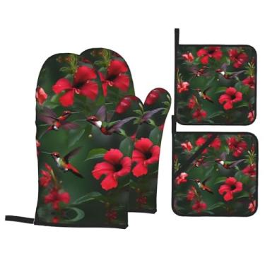 Imagem de Conjunto de 4 peças de luvas de forno de hibisco e porta-panelas de flor vermelha para beija-flores, luvas de forno de cozinha, resistente ao calor, para cozinhar churrasco