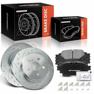 Imagem de A-Premium Rotores de freio a disco traseiro perfurado e ranhurado de 10,43 polegadas (265 mm) + kit de pastilhas de cerâmica compatível com modelos selecionados Toyota - Corolla 2019 2020 2021 2022,