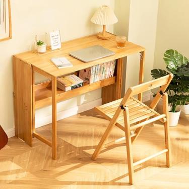 Imagem de CTSAYXTL Mesa dobrável para pequenos espaços, mesa dobrável de bambu, escrita para computador, design expansível com prateleiras, mesa dobrável rústica para escritório em casa (natural, 84 cm)