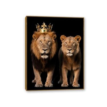 Imagem de SDYJ6GSW Quadro de teca arte de parede em tela O rei e a rainha leão com coroa dourada pôster preto e branco animal decoração de parede pintura para casa, quarto, sala de estar, escritório, 50 x 40 cm
