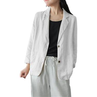 Imagem de Outono Ol Terno Blazers, Casual Lapela Sólida Jaquetas Finas, Mulheres De Manga Longa Algodão Linho Casacos Outwear, White, XXL