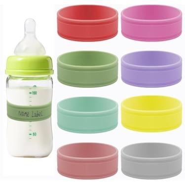 Imagem de 8 etiquetas de silicone para mamadeiras para creche – pulseiras reutilizáveis com nome de mamadeiras, etiquetas antiderrapantes para bebês para creche para escrever nome/etiqueta de data
