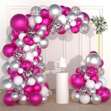 Imagem de Balões de prata rosa choque magenta arco de guirlanda - balão rosa metálico vermelho prata branco balões rosa fúcsia para casamentos, aniversário, despedida de solteira, aniversário, dia das mães