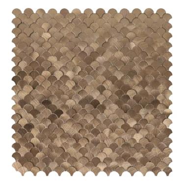 Imagem de Azulejo para descascar e colar de escama de peixe, revestimento autoadesivo de metal escovado alto baixo texturizado 3D em azulejos de parede para cozinha e banheiro (6 folhas, cobre)
