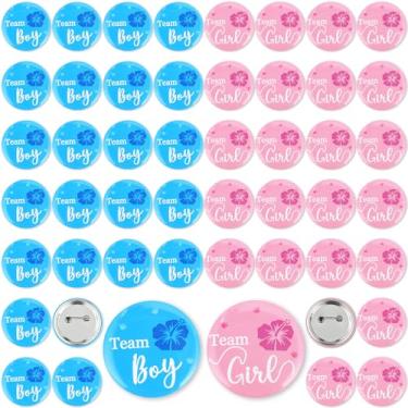 Imagem de Quelay 50 pinos de botão de revelação de gênero 4,75 cm para meninos ou meninas a granel, decorações de revelação de gênero com tema de hibisco, lembrancinhas de festa de chá de bebê para convidados