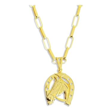 Imagem de Colar Masculino Tijolinho 4mm 60cm Banho Ouro 18k com Pingente Ferradura Cavalo Country