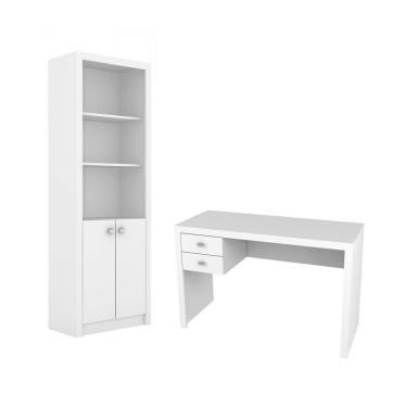 Imagem de Escritório com Mesa para Computador 2 Gavetas Com Armário Pareteleira 2 Portas Branco - FdECOR