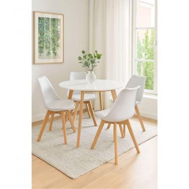 Imagem de Conjunto Mesa De Jantar Moderna Leda 90cm Branca Com 4 Cadeiras Wood Leda Branca.