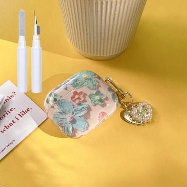 Imagem de Faneiy Capa para AirPods 4ª geração flor óleo floral com pérola amor chaveiro com kit de limpeza estética bonita moderna à prova de choque brilhante capa para AirPod 4 - azul rosa