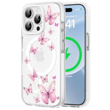 Imagem de FEWGEY Capa de telefone transparente para iPhone 15 Pro Max compatível com Magsafe, linda borboleta feminina estética rosa designer magnética à prova de choque proteção resistente para mulheres