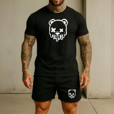 Imagem de Kit Short Tactel Elastano Estampado Urso E Camiseta Masculina Algodão 