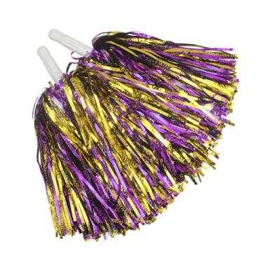 Imagem de Hooshing 12 pompons roxos e dourados, pompons metálicos fofos de líder de torcida com alça de bastão para equipes de dança e festas esportivas esquadrões de torcida