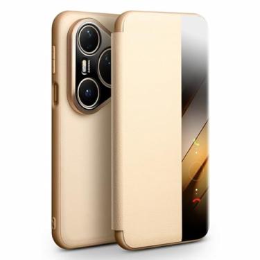 Imagem de POYUFRG Capa flip para Huawei Pura 80 Ultra/80 Pro/80 Pro+/80, Smart Viewing Window Phone Cover Slim Luxury Business Capa de couro legítimo, ouro, 17 Pro