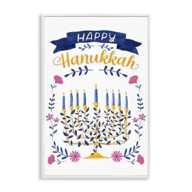 Imagem de Stupell Industries Design de arte giclée emoldurado branco floral Menorah Happy Hanukkah por JJ Design House LLC, 18 x 12